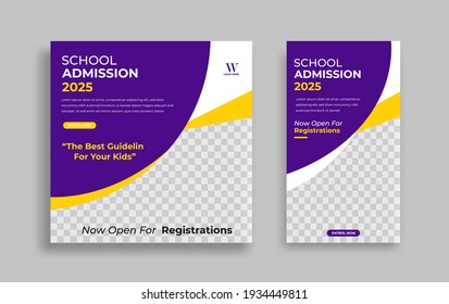 School admission Editable minimal square banner template. Yellow purple White background color with geometric shapes for social media post, story and web internet ads. Vector illustration