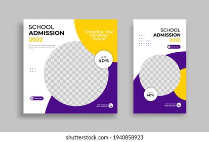 School admission Editable minimal square banner template. Yellow purple White background color with geometric shapes for social media post, story and web internet ads. - Vector.
