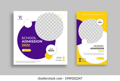 School admission Editable minimal square banner template. Yellow purple White background color with geometric shapes for social media post, story and web internet ads. Vector illustration