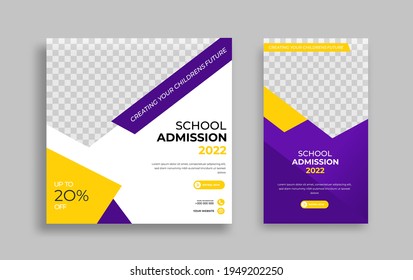 School admission Editable minimal square banner template. Yellow purple White background color with geometric shapes for social media post, story and web internet ads. Vector illustration