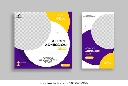 School admission Editable minimal square banner template. Yellow purple White background color with geometric shapes for social media post, story and web internet ads. Vector illustration
