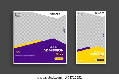 School admission Editable minimal square banner template. Yellow purple White background color with geometric shapes for social media post, story and web internet ads. Vector