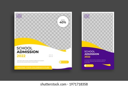 School admission Editable minimal square banner template. Yellow purple White background color with geometric shapes for social media post, story and web internet ads. Vector