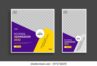 School admission Editable minimal square banner template. Yellow purple White background color with geometric shapes for social media post, story and web internet ads. Vector
