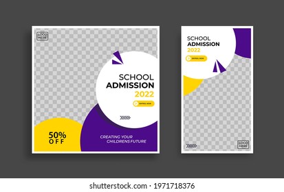 School admission Editable minimal square banner template. Yellow purple White background color with geometric shapes for social media post, story and web internet ads. Vector