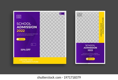School admission Editable minimal square banner template. Yellow purple White background color with geometric shapes for social media post, story and web internet ads. Vector