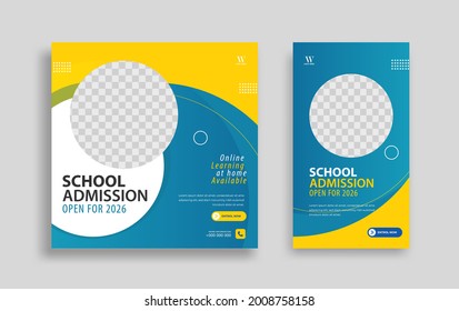 Ingreso escolar Plantilla mínima de banner cuadrado editable. Color de fondo amarillo azul con formas geométricas para publicaciones en medios sociales, historias y anuncios en Internet. Ilustración del vector