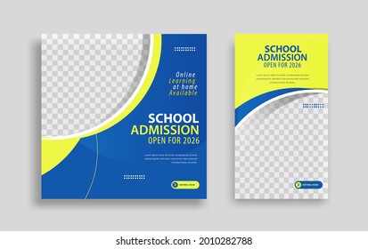 School admission Editable minimal square banner template. Yellow blue background color with geometric shapes for social media post, story and web internet ads. Vector illustration