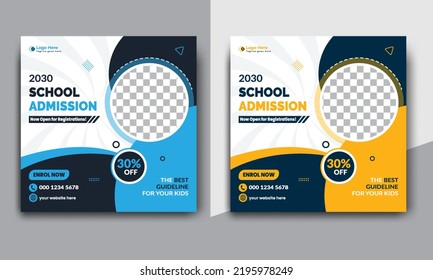 School admission or education social media pack template, School Admission social media post, Back to school admission social media post, promotional discount banner template design