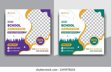 Plantilla de paquete de medios sociales para admisión escolar o educación, publicación de admisión escolar en medios sociales, entrada de regreso a la escuela publicación en medios sociales, diseño de plantillas de banner de descuento promocional