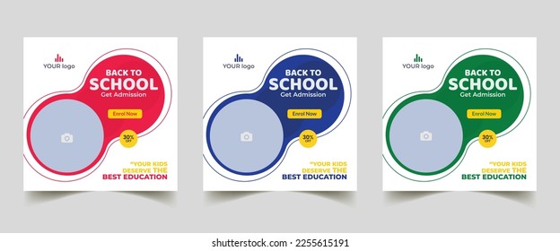 school admission or education social media pack template premium vector. back to school admission social media post, promotional discount banner template. 