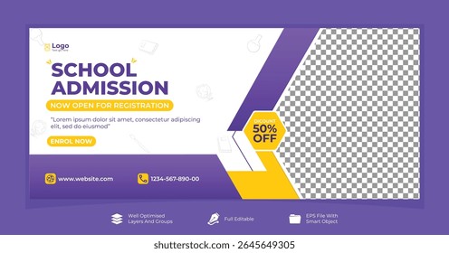 Admissão Escola Facebook Cover e Web Banner Template, Voltar para Escola Social Media Cover Template
