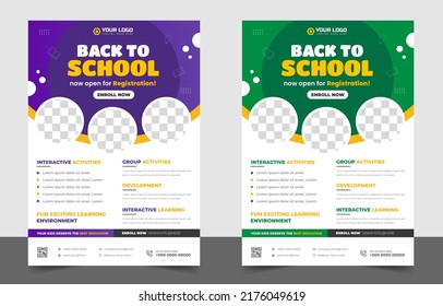 School admission flyer design. back to school flyer design set. Back to school admission promotion flyer. school admission business flyer template with green, purple and yellow color.