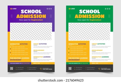 School admission flyer design. back to school flyer design set. Back to school admission promotion flyer. school admission business flyer template with green, purple and yellow color.