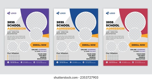 Design des Schuleintritts, Broschüre für die Kindererziehung, Cover-Layout Schule Einlass Open Flyer Design Vorlage Vektorgrafik-Bildungszentrum Poster, ein Paket von 3 COLOR Kids Education Flyer 