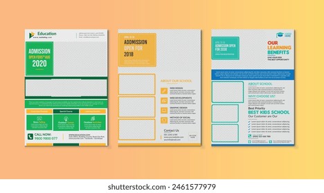 Conjunto de diseño de volante de admisión escolar. Conjunto de diseño de volante de regreso a la escuela. Volante de admisión a la escuela. Plantilla de admisión a la escuela para diseño de volantes. Ilustración vectorial.