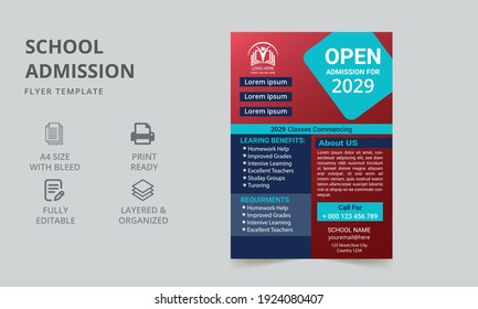Design-Vorlage für den Schulbesuch. mehrfarbiges Schulflyer-Layout. Vektorseitenlayouts für Zeitschriften, Jahresberichte, Werbeplakate.