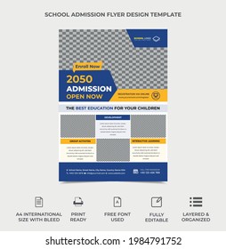 school admission flyer template design, education flyer design, four image can be placed in the template. basic colors are used. vector eps 10 version