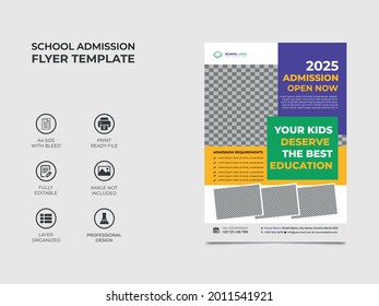 School admission flyer template design, four images can be used in the template. Professional colors used in the design, eye catchy fully editable. vector a4 size, eps 10 version.