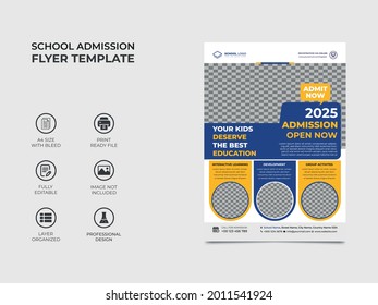 School admission flyer template design, four images can be used in the template. Professional colors used in the design, eye catchy fully editable. vector a4 size, eps 10.