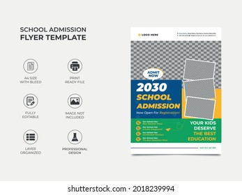 school admission flyer template design, four image can be placed in the template. professional color used in the design, looks professional. fully editable, well organized design. vector a4, eps 10