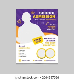 School Admission Flyer Template. Kids Back To School Education Poster, Brochure Cover Layout For Social Or Print