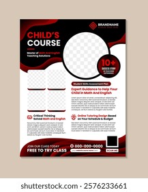 School Admission Kids Education Flyer Template. child course, master of math and english teaching solutions brochure design vector. Education poster red and black element on white background