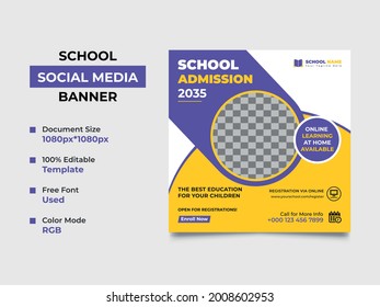 school admission open social media post template design with one image placement, eye catchy design. professional color used in the template. geometric shapes, web banner, square vector eps 10.