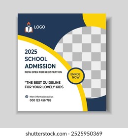 School admission open social media post design, back-to-school promotion square banner layout template, educational Instagram and Facebook post kit, high-quality web banner for enrollment ads 