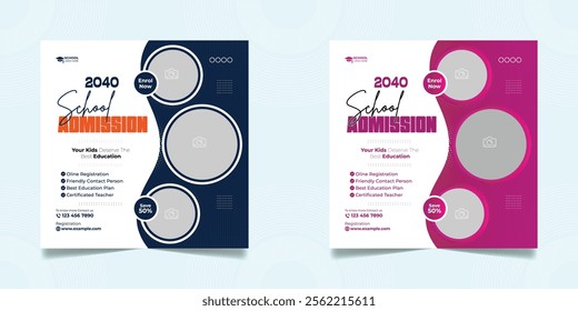 School admission open social media post design, back-to-school promotion square banner layout template, educational Instagram and Facebook post 