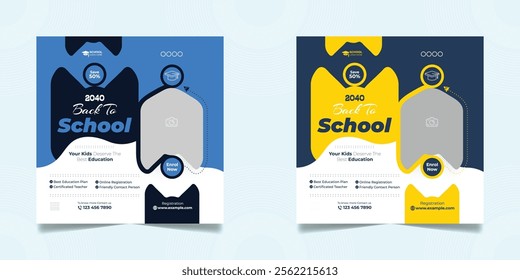 School admission open social media post design, back-to-school promotion square banner layout template, educational Instagram and Facebook post 