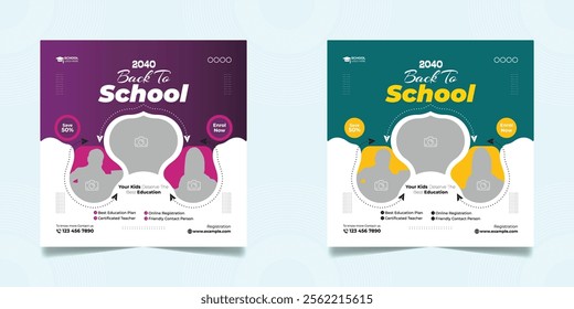 School admission open social media post design, back-to-school promotion square banner layout template, educational Instagram and Facebook post 