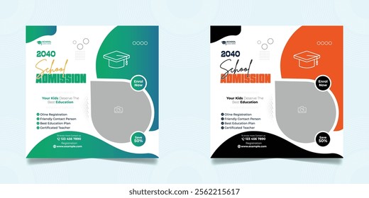 School admission open social media post design, back-to-school promotion square banner layout template, educational Instagram and Facebook post 