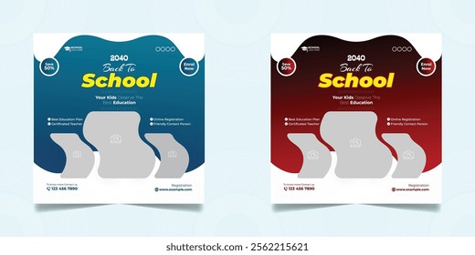 School admission open social media post design, back-to-school promotion square banner layout template, educational Instagram and Facebook post 