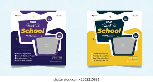 School admission open social media post design, back-to-school promotion square banner layout template, educational Instagram and Facebook post 