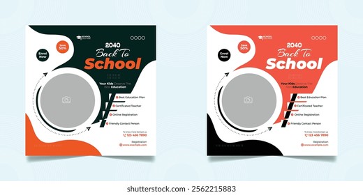 School admission open social media post design, back-to-school promotion square banner layout template, educational Instagram and Facebook post 