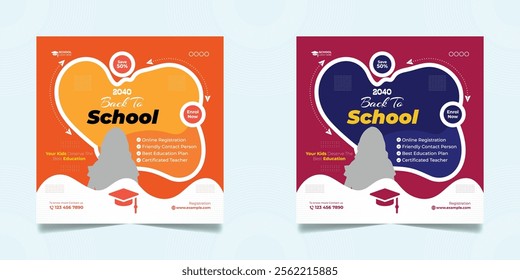 School admission open social media post design, back-to-school promotion square banner layout template, educational Instagram and Facebook post 