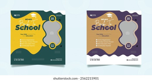 School admission open social media post design, back-to-school promotion square banner layout template, educational Instagram and Facebook post 