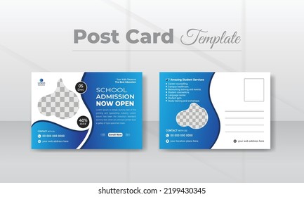 School admission postcard template design. Back to school education post template. Kids back to school education promotional postcard design.
