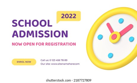 School admission promo internet advertising distance education academic courses web banner realistic 3d icon vector illustration. University e learning open registration webpage wall clock design