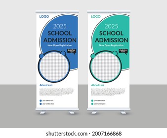 School admission roll up banner template design.education stand banner post template for school, college, university, coaching center vector template design

