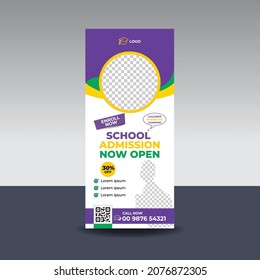 School admission roll up banner template design. Education stand banner post template for school, college, university, coaching center vector template designKids School Admission open roll up banner