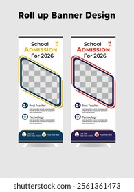 School admission roll up banner template design, back to school roll up banner design. Education stand banner post template for school