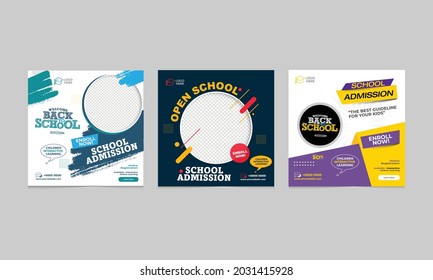 School Admission Social Banner Design 2021  School admission flyer template. Kids back to school education poster,  cover layout or square flyer pack