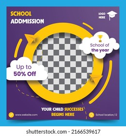 School Admission Social Media Banner or Post Design, Back to School 2022, 2023, 2024, 2025. EPS social media post template