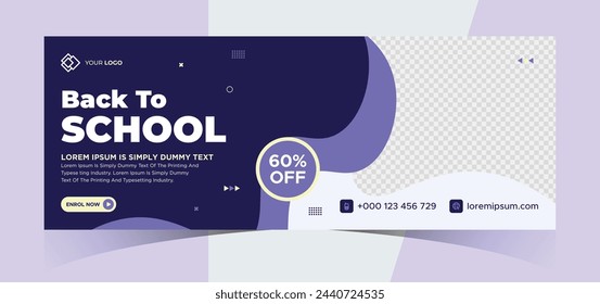 school admission social media photo cover and web banner. Back to school online education web banner template. Kids education e-learning design for post, flyer, brochure, poster, website, header