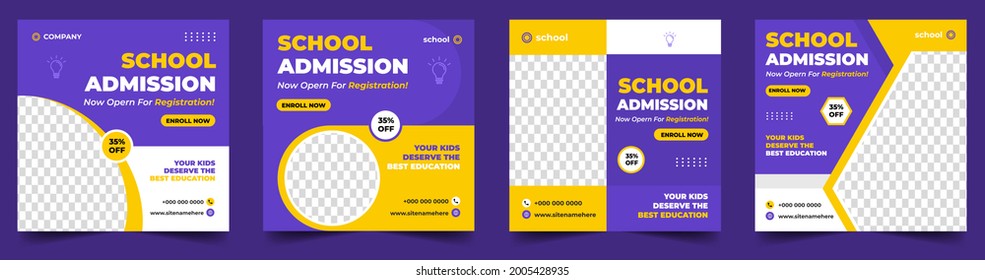 Diseño de pancartas en las publicaciones de las redes sociales de admisión escolar. de vuelta a la escuela: diseño de pancartas en las redes sociales. Cartel de promoción de admisión en la escuela. plantilla de admisión escolar para anuncio en medios sociales.