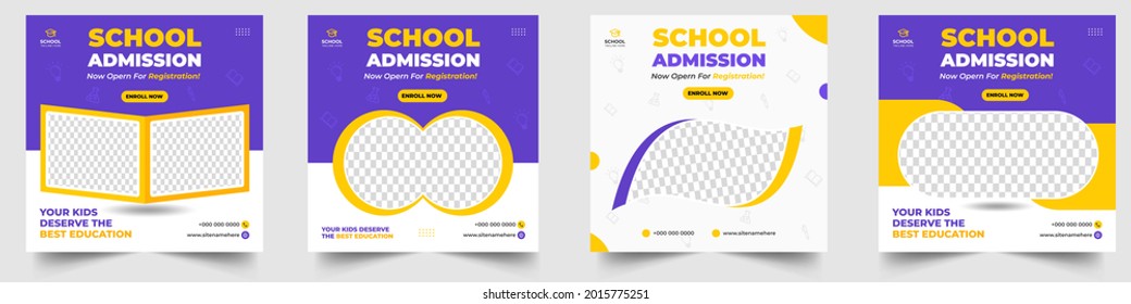 School admission social media post banner design. back to school social media post banner design set. Back to school admission promotion banner. school admission template for social media ad.