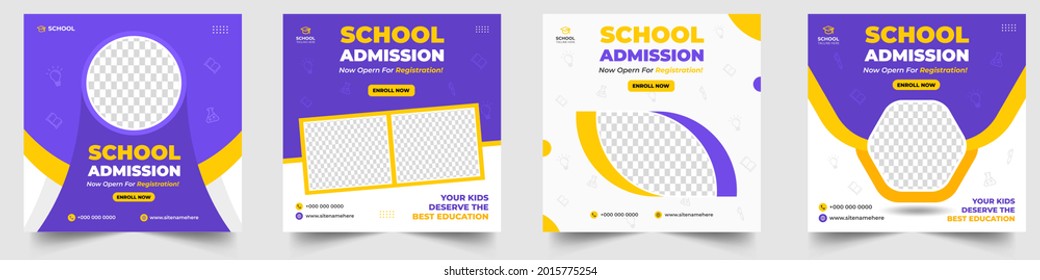 School admission social media post banner design. back to school social media post banner design set. Back to school admission promotion banner. school admission template for social media ad.