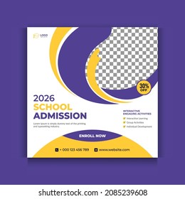 School admission social media post and web banner template. Square social media Instagram post or web banner template with headline design concept